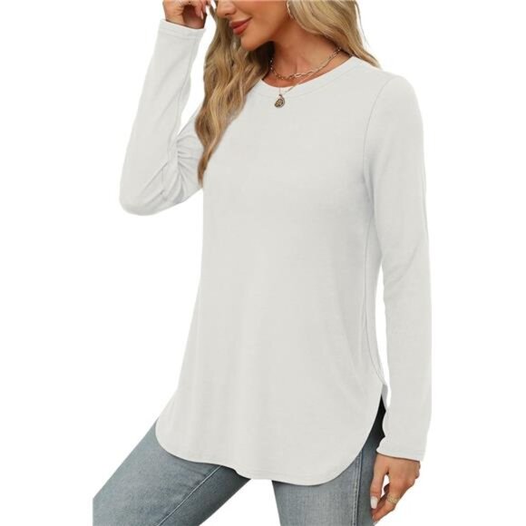 Womens Long Sleeve Round Neck Shirts Side Split Basic Loose Tunic Tops - Picture 3 of 5